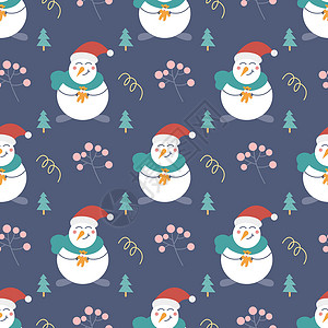 带帽子情带礼物的雪人圣诞树和蓝色背景上的其他装饰元素 圣诞节和新年印刷 矢量无缝模式 儿童装饰设计图片