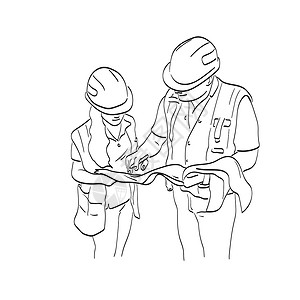 戴头盔的工人两个戴着安全帽的建筑工人看着在白色背景线 ar 上隔离的蓝图插图矢量设计图片