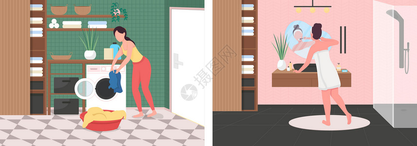 都市生活女人洗衣服浴室平面彩色矢量插图 se 中的日常工作设计图片