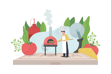 烧烤厨师披萨制造商平面概念向量它制作图案设计图片