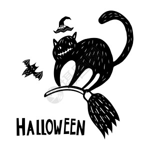 猫与花卡通图黑色涂鸦矢量设计与一只怪异的猫和文字 儿童插画庆典网页印刷品等设计图片