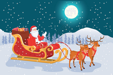 圣诞愿望圣诞老人满月的夜景 带着他的雪橇和驯鹿设计图片