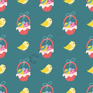 一篮子糖果绿色背景中的一只鸡和一篮子复活节彩蛋 平面样式中的矢量无缝模式设计图片