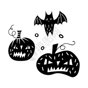 甜南瓜黑色涂鸦万圣节矢量设计与怪异的南瓜和蝙蝠 儿童插画庆典网页印刷品等设计图片
