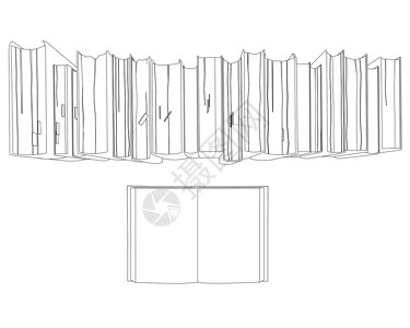 从聿书店一摞书的轮廓 从白色背景上孤立的黑色线条 一本打开的书 从上面看 它制作图案矢量贮存学生文学全书法律文书字典百科书店文化设计图片