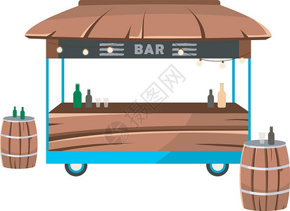 户外酒吧酒吧食品卡车平面矢量图 鸡尾酒廊美食广场 带轮子的沙龙服务 酒水车 酒精销售表隔离在白色背景设计图片