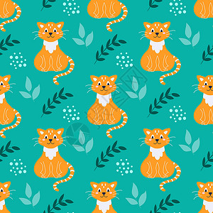 可爱的橙色猫与明亮的绿色背景上的植物 在平面卡通风格的矢量无缝模式 儿童海报装饰明信片服装和室内装饰设计图片