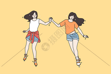 千禧小番茄快乐的女孩们在街上一起溜冰设计图片