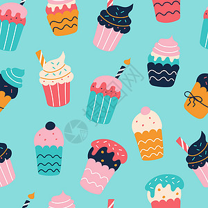 樱桃奶油小蛋糕平面涂鸦风格的明亮彩色纸杯蛋糕的矢量无缝图案设计图片