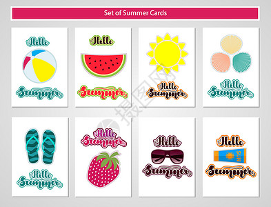 夏天西瓜小元素一套带有夏季符号和字母的夏季卡片 和 much mor 的矢量插图设计图片