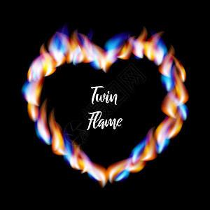 心团圆心形框架由橙色和蓝色的火焰制成 上面刻有双生火焰 双生火焰 网站和更多黑色背景上的矢量插图设计图片
