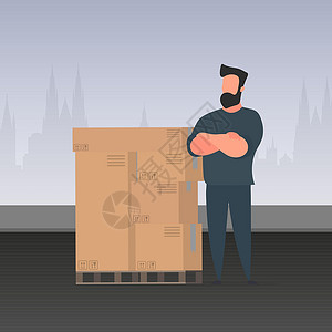 一拍即盒一个男人拿着纸箱站着 送货和货运概念 向量邮件职业贮存盒子仓库船运男性店铺商务物流设计图片