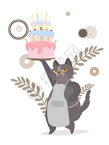 坎吉卡有趣的猫拿着一个节日蛋糕 糖果奶油松饼节日甜点糖果 适合生日快乐卡 矢量平面样式友谊小册子宠物帽子童年派对邀请函卡通片贴纸爪子设计图片