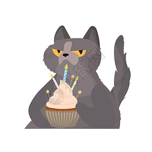 动物奶油有趣的猫拿着一个节日蛋糕 糖果奶油松饼节日甜点糖果 适用于卡片衬衫和贴纸 平面样式 向量庆典样子乐趣帽子卡通片宠物生日假期插图蛋设计图片