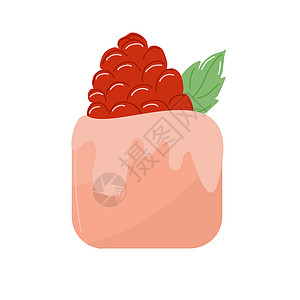 好吃水果黄桃一个上面有覆盆子和乳香叶的小蛋糕设计图片