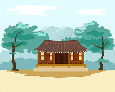 古老木头房子韩屋韩国传统房子 它制作图案矢量设计图片
