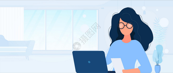 肉质在这个这个女孩在笔记本电脑前工作 平面样式 适合形象工作办公室招聘员工设计图片