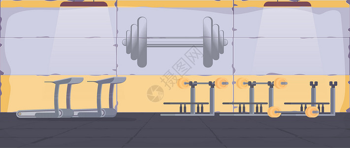 健身俱乐部展板带健身器材的健身房 运动和健康生活方式的概念 向量瓶子机器重量肌肉杠铃哑铃插图卡通片体操房间设计图片