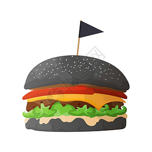 芝麻生菜黑汉堡 汉堡配黑色卷饼芝士番茄和生菜 孤立 向量设计图片