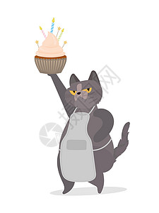 奶油派有趣的猫拿着一个节日蛋糕 糖果奶油松饼节日甜点糖果 适用于卡片衬衫和贴纸 平面样式 向量假期婴儿插图蜡烛生日幽默乐趣宠物卡通片派设计图片
