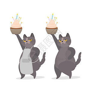 宠物食盆有趣的猫拿着一个节日蛋糕 糖果奶油松饼节日甜点糖果 适用于卡片衬衫和贴纸 平面样式 向量幽默插图帽子卡通片派对蜡烛爪子友谊宠物食设计图片