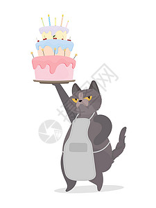 兔年宝宝生日蛋糕有趣的猫拿着一个节日蛋糕 糖果奶油松饼节日甜点糖果 适用于卡片衬衫和贴纸 平面样式 向量样子宠物小猫幽默卡通片明信片蜡烛蛋糕假期设计图片