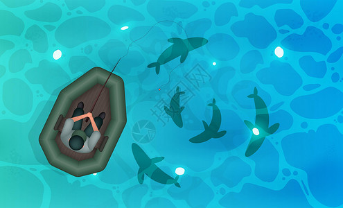 橡皮艇上的渔夫 鱼在水顶视图中 或湖泊清澈湛蓝的水 矢量图背景图片
