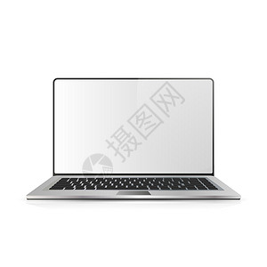 笔记本电脑正面逼真的笔记本电脑 90 度倾斜隔离在白色背景上 有空白屏幕的膝上型计算机 在现代移动计算机上复制的空白空间设计图片