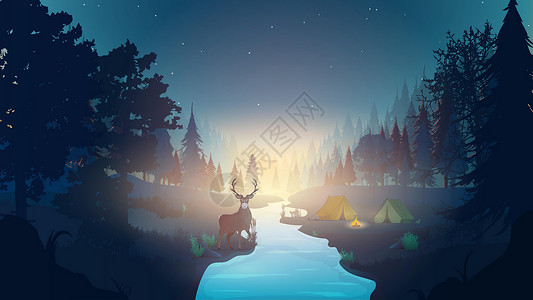 露营场地森林夜景 有一条河的森林 有角特写的鹿哺乳动物驯鹿插图荒野篝火野生动物动物群牛角帐篷景观设计图片