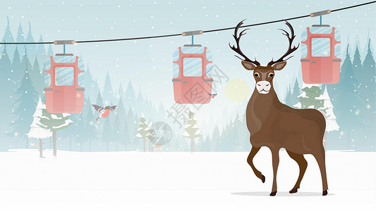 道拉吉里大角鹿 有拖车的缆车在冬天森林里 缆车 森林里有鹿和雪 卡通风格 矢量图松树野生动物卡通片海报鹿角喇叭荒野驯鹿麋鹿插图设计图片