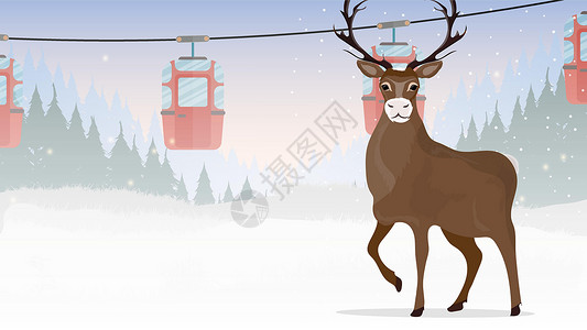 美丽的缆车大角鹿 有拖车的缆车在冬天森林里 缆车 森林里有鹿和雪 卡通风格 矢量图海报驯鹿卡通片鹿角荒野假期动物天空哺乳动物旅行设计图片