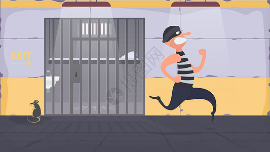 一名囚犯越狱 逃脱罪犯 带金属棒的牢房 卡通风格 向量镣铐窗户犯罪成人刑事监狱犯人地面建筑学奴隶背景图片