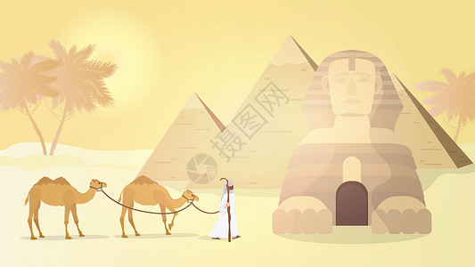 牵着警犬的警察牧羊人牵着骆驼穿过沙漠 埃及金字塔狮身人面像 向量法老狮子太阳地标国王纪念碑插图历史旅行神话设计图片