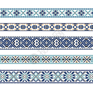 民族风格素材一套蓝色和棕色的民族装饰图案纺织品打印刺绣抛光边界艺术民间插图国家织物设计图片