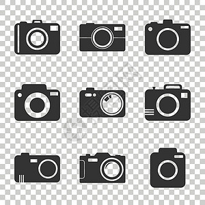 相机平面在孤立的背景上设置的相机图标 带有摄影图标的平面矢量插图设计图片