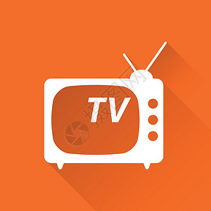 橙色的家电视图标矢量图在平面样式孤立在橙色背景与长长的阴影 网站的电视符号广播天线屏幕技术电脑视频通讯监视器电子产品播送设计图片