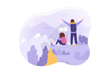 兴奋的女孩旅行旅游自然登山远足概念女士荒野游客旗帜探险家背包女性假期远足者插图设计图片
