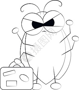 黑白图画素材带手提箱的可爱卡通蟑螂 用黑白图画设计图片