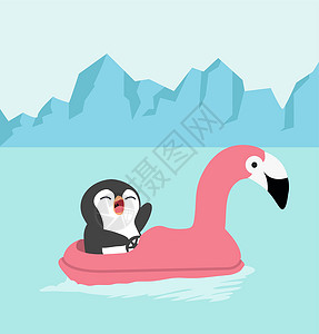 卡通火烈鸟骑着法拉明戈船的卡通企鹅设计图片