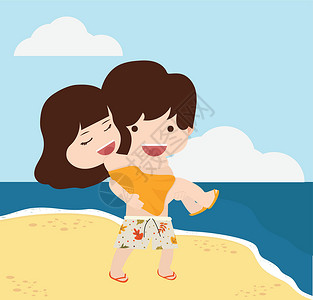 假期大扫除的青年夫妻具有夏季海滩背景的情侣(有夏季海滩背景)设计图片