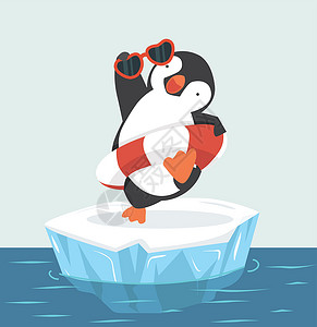 滑冰的企鹅在冰河病媒上带充气环的可爱企鹅设计图片