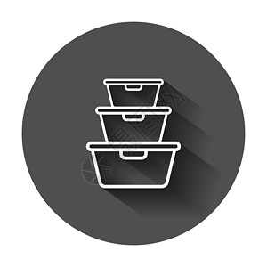 厨房拉篮平面样式的食品容器图标 厨房碗矢量图和长长的影子 塑料容器盒经营理念圆形陶瓷贴纸午餐产品盒子空白包装阴影贮存设计图片