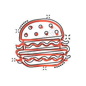 酱大骨漫画风格的汉堡标志图标 白色孤立背景上的汉堡包矢量卡通插图 芝士汉堡商业概念飞溅效果沙拉中风蔬菜包子卡通片午餐食物早餐洋葱种子设计图片