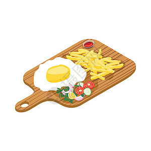 炖豆角美味的煎鸡蛋配炸薯条和沙拉配洋葱黄瓜番茄和辣椒 它制作图案矢量设计图片