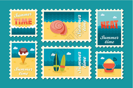邮票册夏令时邮票套装 fla邮戳贝壳假期海洋冲浪板海滩冲浪温度邮政奶油设计图片
