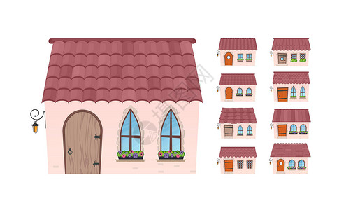 木冈松国家海洋公园一套小乡村房屋 平坦的卡通风格的房子 白色背景上的孤立房子 矢量插图设计图片