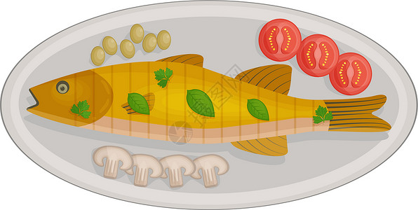 装在盘子里鱼美味的烤海贝司在奥瓦尔盘上配有樱桃西红柿 橄榄和蘑菇以及巴西尔叶 这是地中海传统烹饪菜 矢量插图设计图片