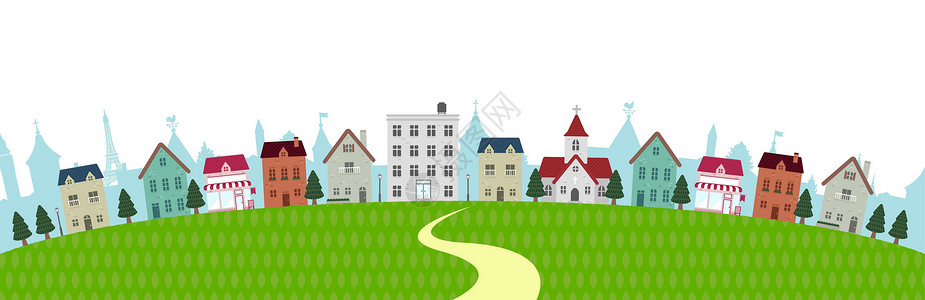 农村住宅简单化的拱形镇景矢量横幅图示设计图片