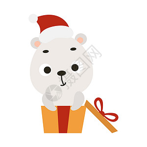 圣诞熊素材可爱的圣诞北极熊坐在白色背景的礼品盒里 儿童卡片 迎婴派对 邀请函 海报 T 恤组合 室内装饰的卡通动物角色 矢量库存插图设计图片