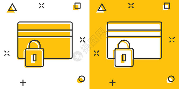 买赠活动漫画风格的信用卡保护图标 白色孤立背景下的安全购物卡通矢量插图 商业挂锁飞溅效果的经营理念卡通片现金服务机器活动互联网密码支付数设计图片